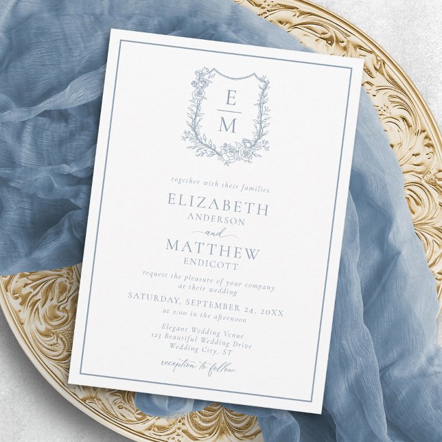 Elegant Dusty Blue Floral Crest Monogram Wedding Invitation (Creator Uploaded)