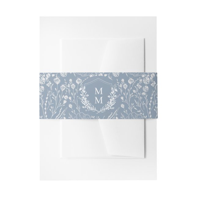 Elegant Dusty Blue Floral Crest Monogram Wedding Invitation Belly Band (Front Example)