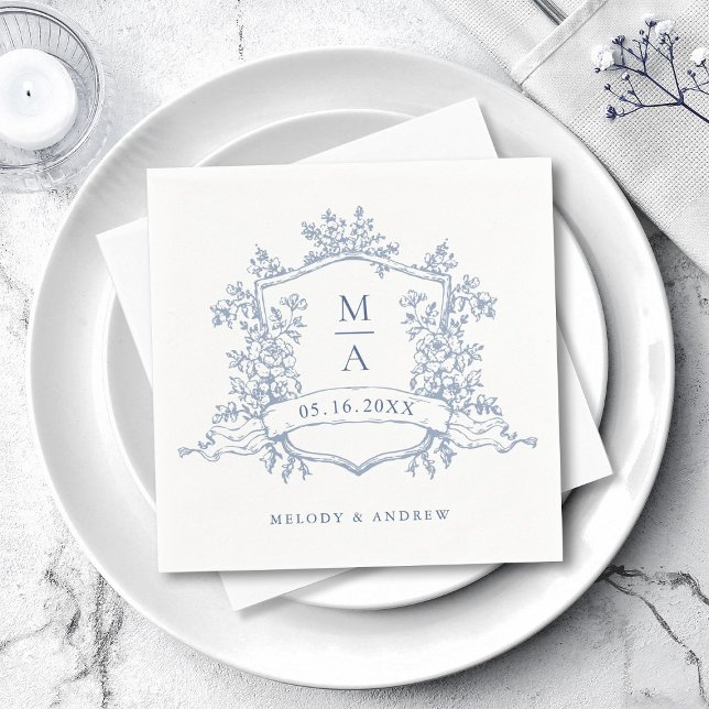 Elegant Dusty Blue Floral Crest Monograms Wedding Napkin (Creator Uploaded)