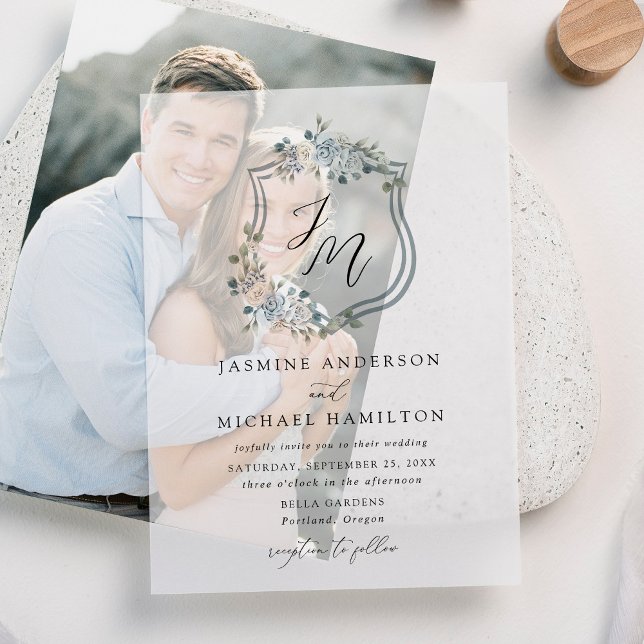 Elegant Dusty Blue Floral Crest Wedding Vellum Invitations (Creator Uploaded)