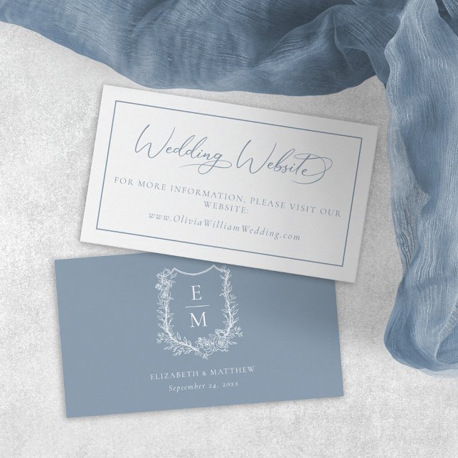 Elegant Dusty Blue Floral Crest Wedding Website Enclosure Card (Creator Uploaded)