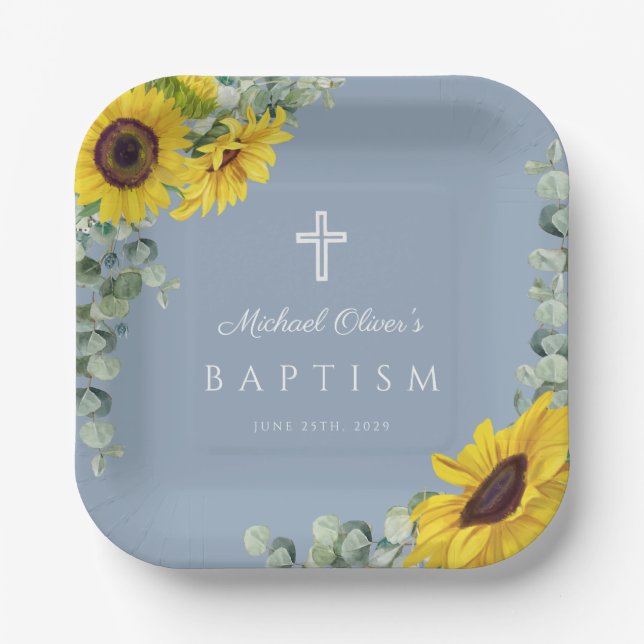 Elegant Dusty Blue Floral Cross Baptism Paper Plate (Front)