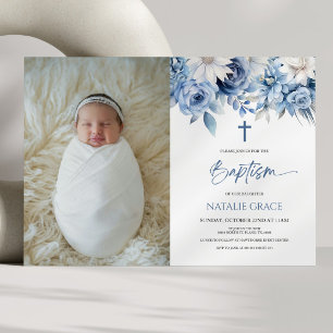 Elegant Dusty Blue Floral Custom Picture Baptism Invitation