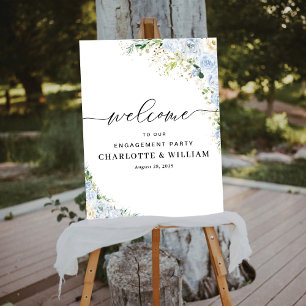 Elegant Dusty Blue Floral Engagement Party Poster