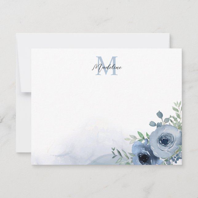 Elegant Dusty Blue Floral Eucalyptus Monogram Card (Front)