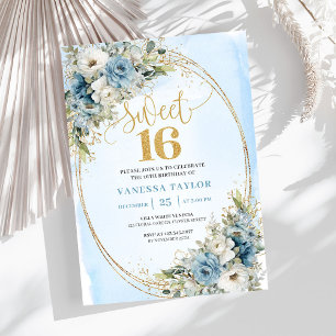Elegant Dusty Blue Floral Eucalyptus Sweet Sixteen Invitation