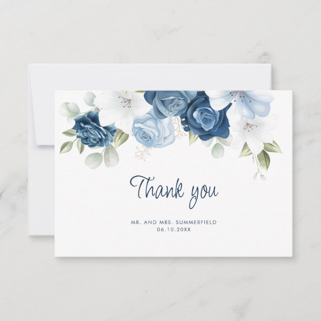 Elegant Dusty Blue Floral Eucalyptus Wedding Thank You Card (Front)