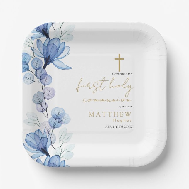 Elegant Dusty Blue Floral First Holy Communion Paper Plate (Front)