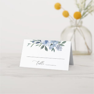 Elegant Dusty Blue Floral Folded Wedding Place Card