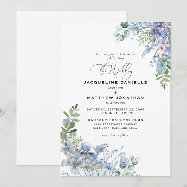 Elegant Dusty Blue Floral Foliage Wedding Invitation (Front/Back)