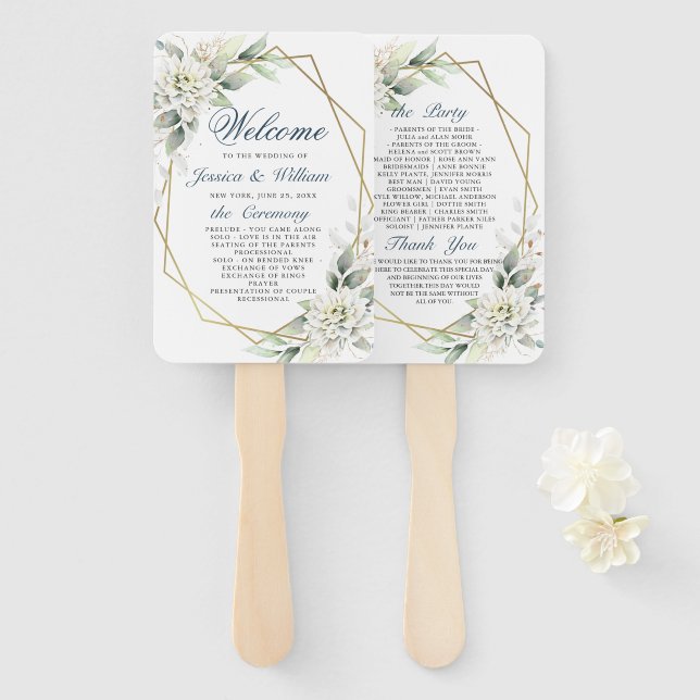 Elegant Dusty Blue Floral Foliage Wedding Program Hand Fan (Front and Back)