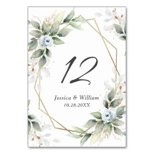 Elegant Dusty Blue Floral Foliage Wedding Table Number