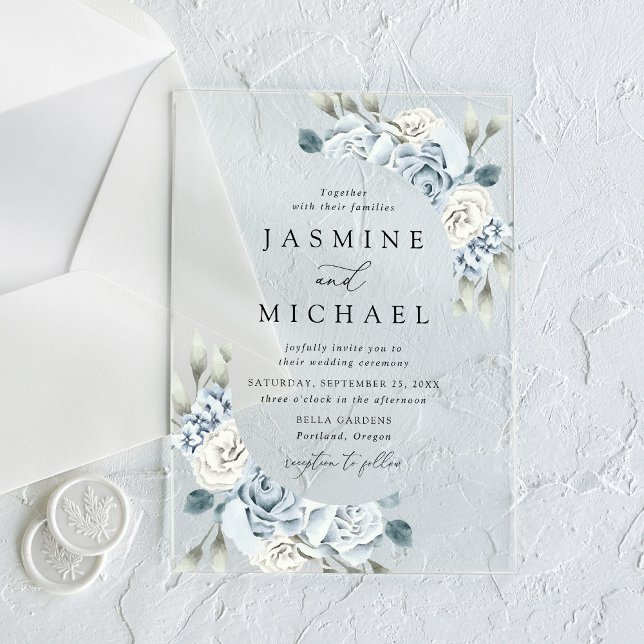 Elegant Dusty Blue Floral Frame Wedding Acrylic Invitations (Creator Uploaded)
