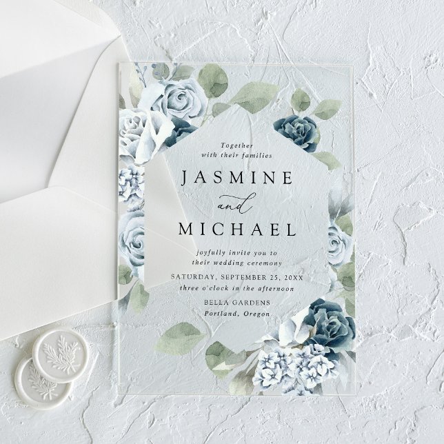 Elegant Dusty Blue Floral Frame Wedding Acrylic Invitations (Creator Uploaded)