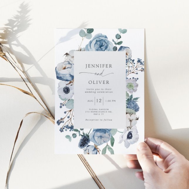 Elegant Dusty blue floral frame wedding invitation (Creator Uploaded)
