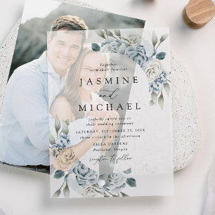 Elegant Dusty Blue Floral Frame Wedding Vellum Invitations
