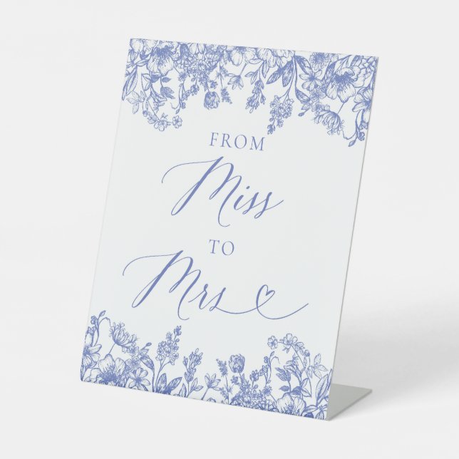 Elegant Dusty Blue Floral From Miss to Mrs Sign (Front)