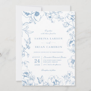 Elegant Dusty Blue Floral Garden QR Code Wedding Invitation