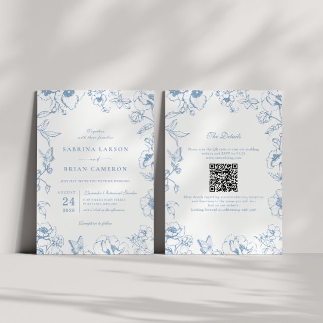 Elegant Dusty Blue Floral Garden QR Code Wedding Invitation (Creator Uploaded)