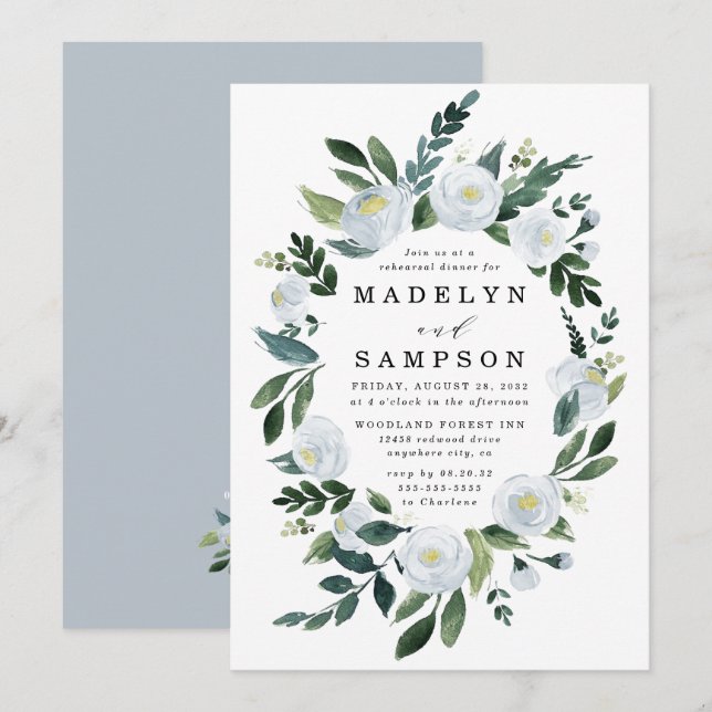 Elegant Dusty Blue Floral Garden Rehearsal Dinner Invitation (Front/Back)