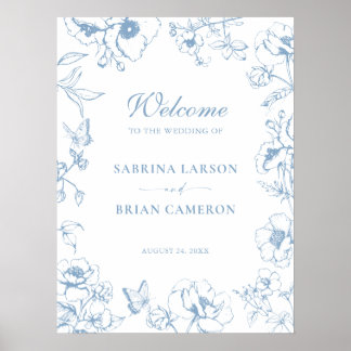Elegant Dusty Blue Floral Garden Wedding Welcome Poster
