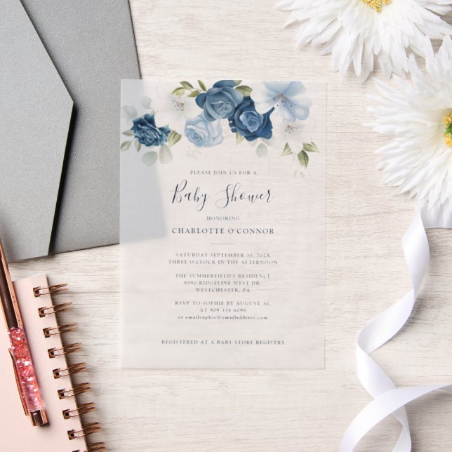 Elegant Dusty Blue Floral Girl Baby Shower Vellum Invitations (Wedding)