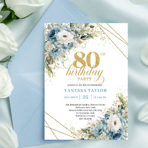 Elegant Dusty Blue Floral Gold 80th Birthday Invit Invitation