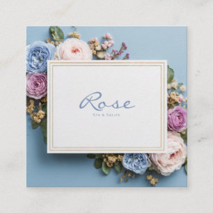 Elegant Dusty Blue Floral Gold Frame Rose Garden Square Business Card