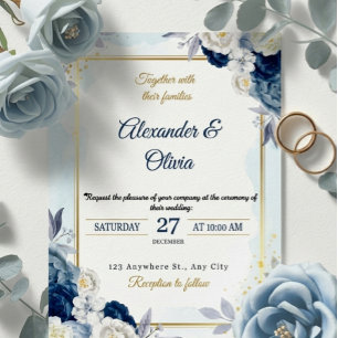 Elegant Dusty Blue Floral Gold Frame Wedding Invitation