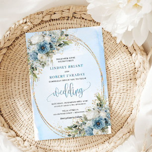 Elegant Dusty Blue Floral Gold Frame Wedding Invitation