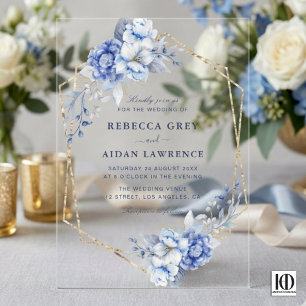 Elegant Dusty Blue Floral Gold Geometric Wedding Acrylic Invitations