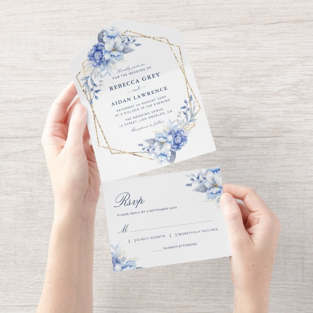 Elegant Dusty Blue Floral Gold Geometric Wedding All In One Invitation (Tearaway)