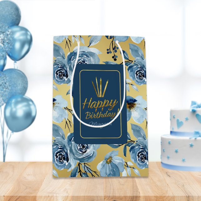 Elegant Dusty Blue Floral Gold Happy Birthday Medium Gift Bag (Creator Uploaded)