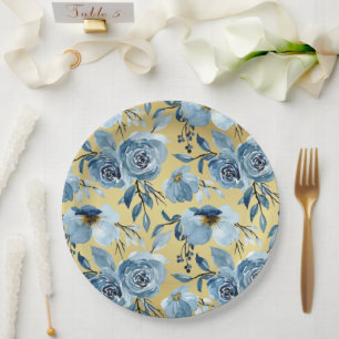 Elegant Dusty Blue Floral & Gold Round Party Paper Plate