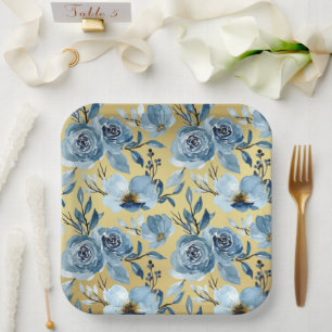 Elegant Dusty Blue Floral & Gold Square Party Paper Plate