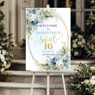 Elegant Dusty Blue Floral Gold Sweet 16 Sign