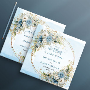 Elegant Dusty Blue Floral Gold Wedding Guest Book