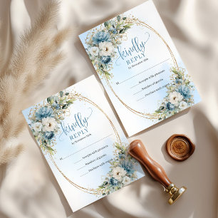 Elegant Dusty Blue Floral Gold Wedding RSVP Card