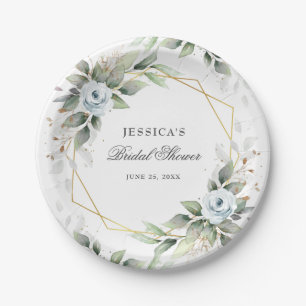 Elegant Dusty Blue Floral Greenery Bridal Shower Paper Plate