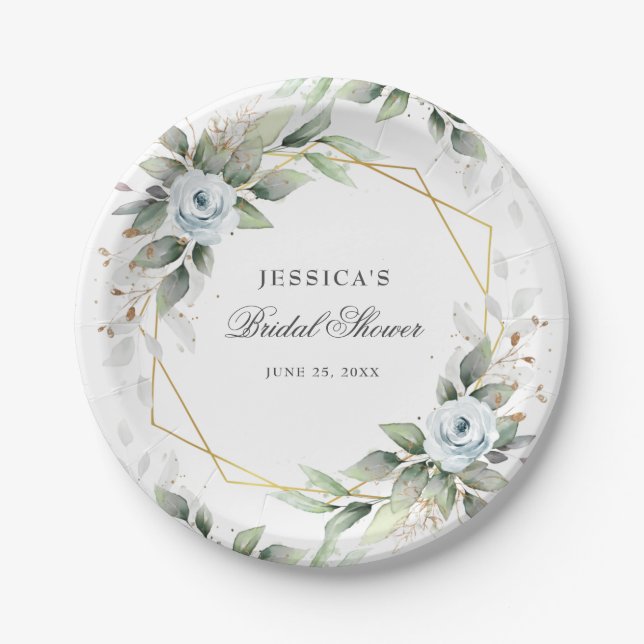 Elegant Dusty Blue Floral Greenery Bridal Shower Paper Plate (Front)