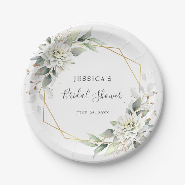 Elegant Dusty Blue Floral Greenery Bridal Shower Paper Plate (Front)