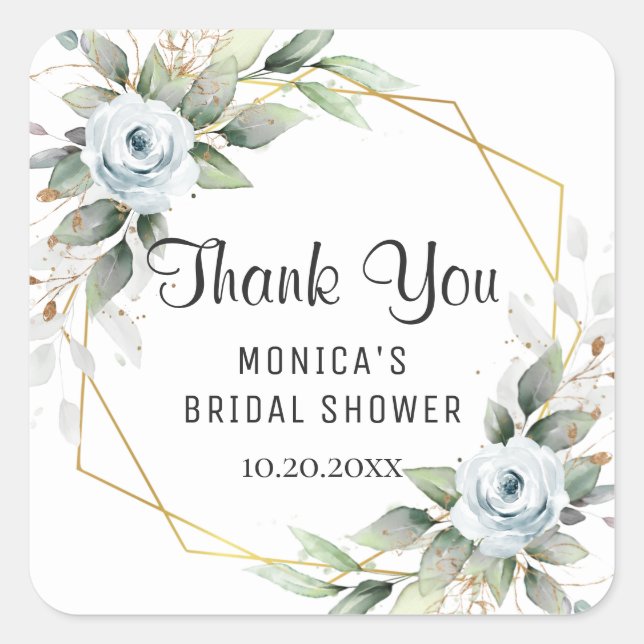 Elegant Dusty Blue Floral Greenery BRIDAL SHOWER Square Sticker (Front)