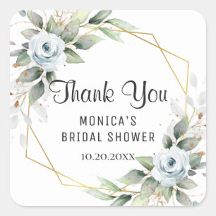 Elegant Dusty Blue Floral Greenery BRIDAL SHOWER Square Sticker