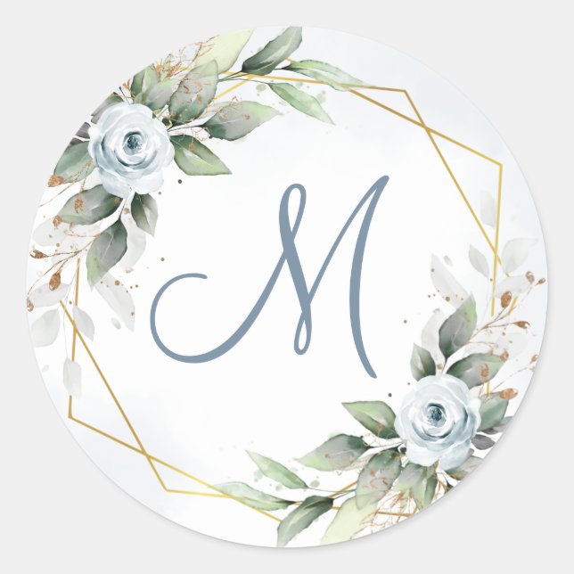 Elegant Dusty Blue Floral Greenery MONOGRAM Classic Round Sticker (Front)