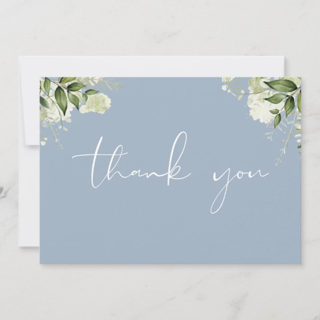 Elegant Dusty Blue Floral Greenery Photo Thank You Card (Front)
