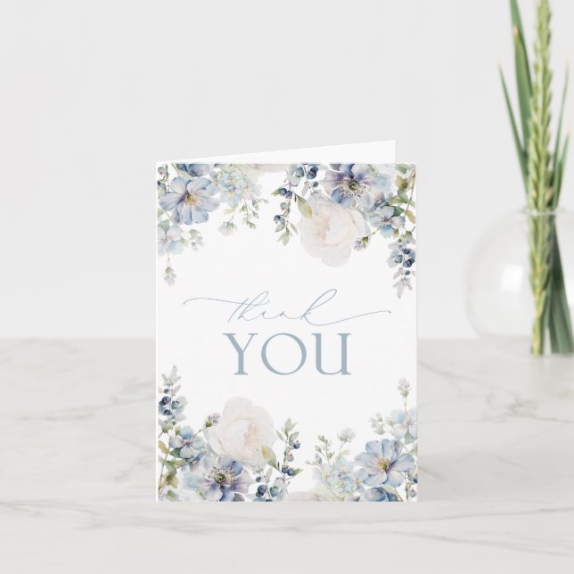 Elegant Dusty Blue Floral Greenery Thank You Card (Front)