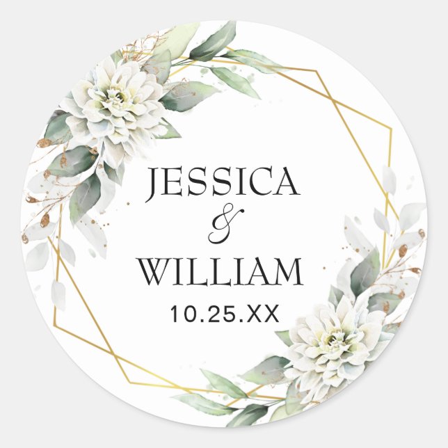 Elegant Dusty Blue Floral Greenery Wedding Classic Round Sticker (Front)