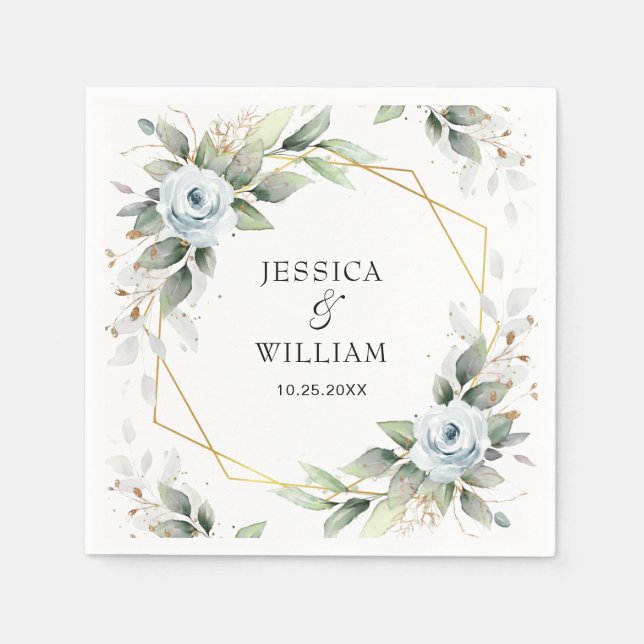 Elegant Dusty Blue Floral Greenery Wedding Paper Napkin (Front)