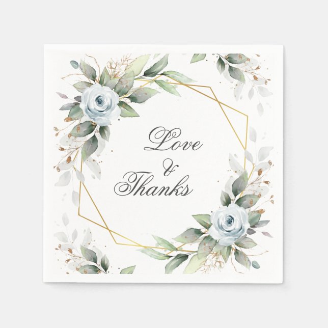 Elegant Dusty Blue Floral Greenery Wedding Paper Napkin (Front)