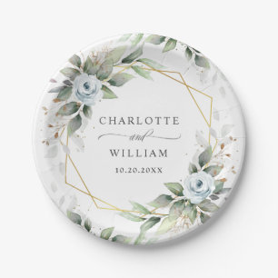 Elegant Dusty Blue Floral Greenery Wedding Paper Plate